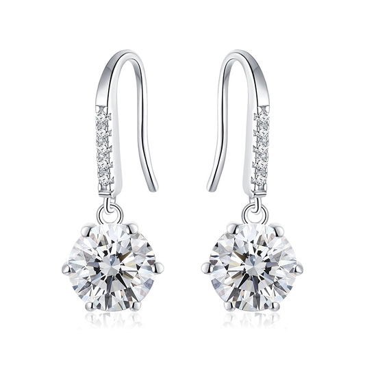 6 Prong 0.5ct 1ct Round Cut Moissanite Silver Drop Earrings