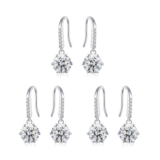 6 Prong 0.5ct 1ct Round Cut Moissanite Silver Drop Earrings